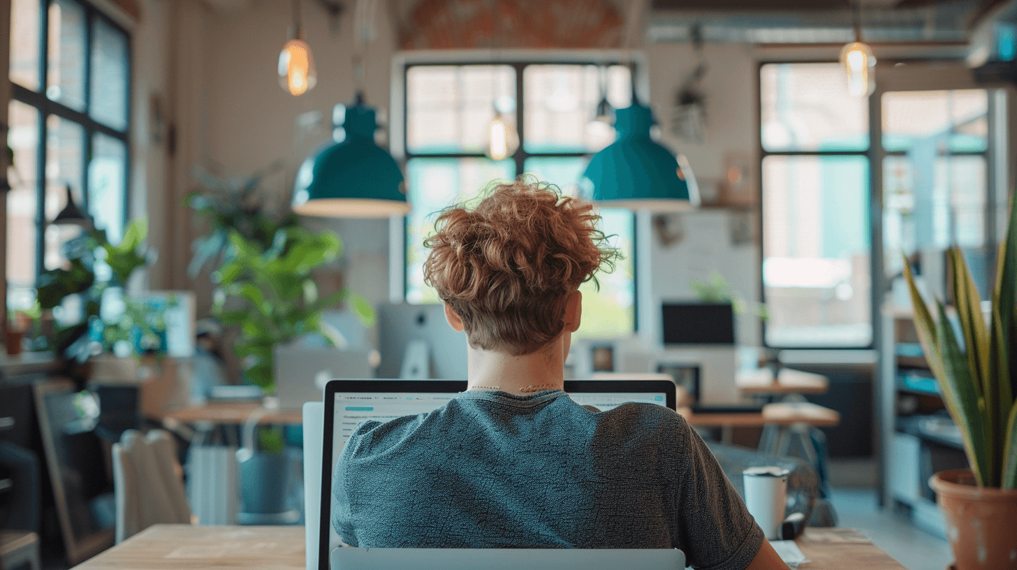 Twee jongere accountants aan een werktafel onder teal lampen.