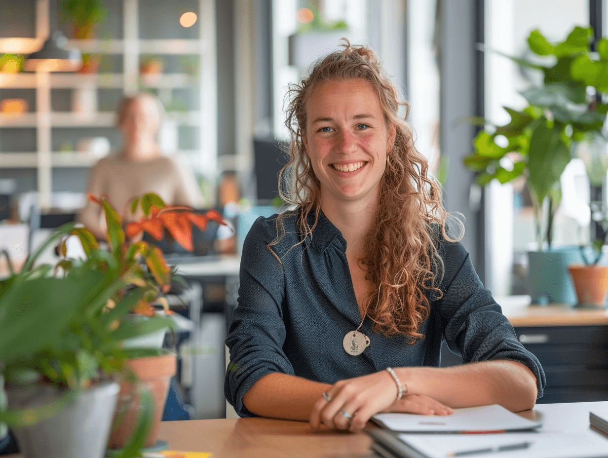 Jonge medewerker glimlacht aan haar bureau.