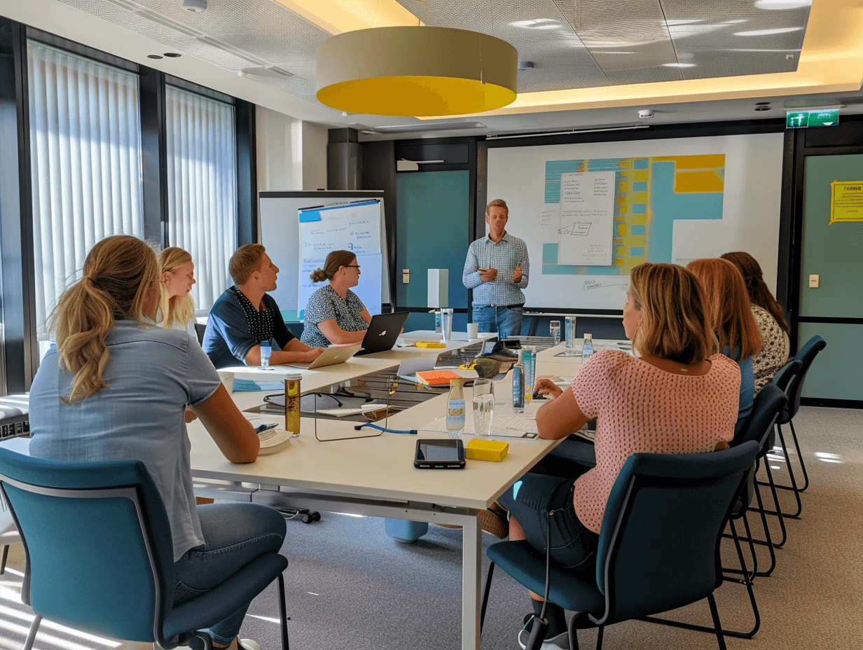 Kleinschalige workshop met trainer en deelnemers.