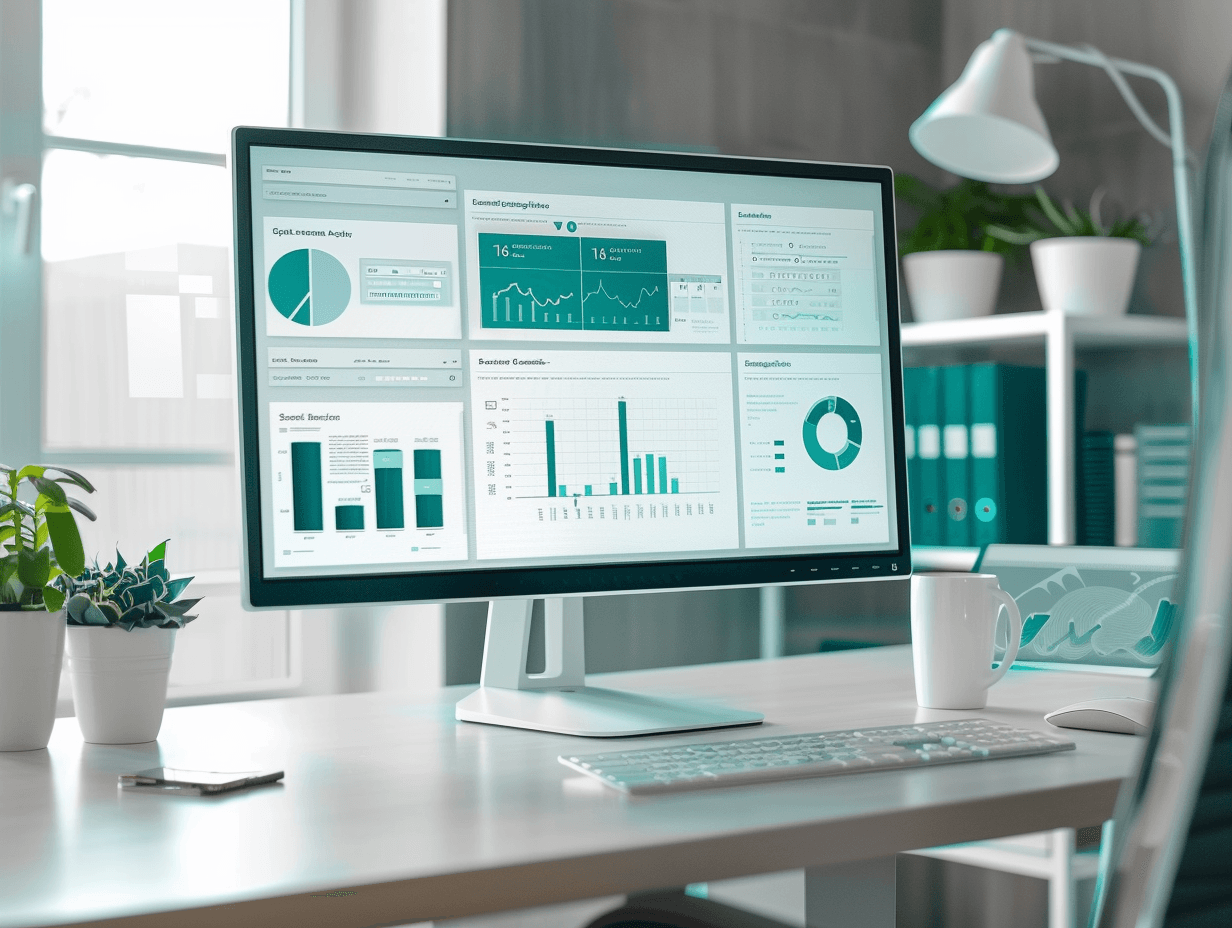 Monitor met teal dashboard en grafieken.